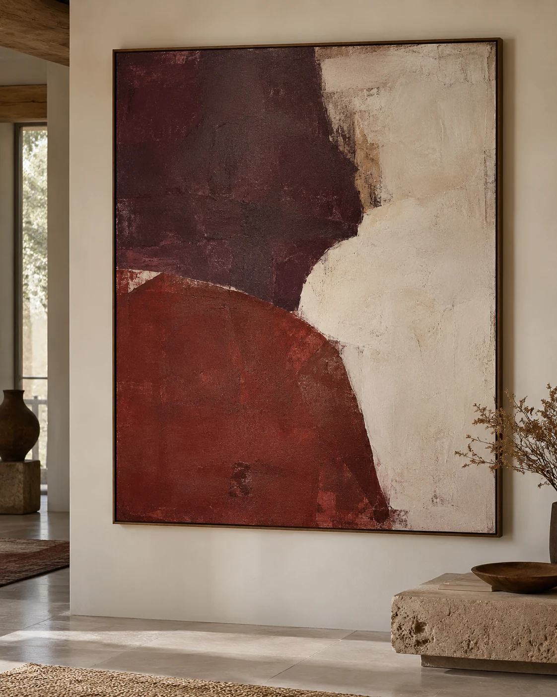 Illustrative abstract canvas in burgundy, red oxide and warm cream, in a walnut frame