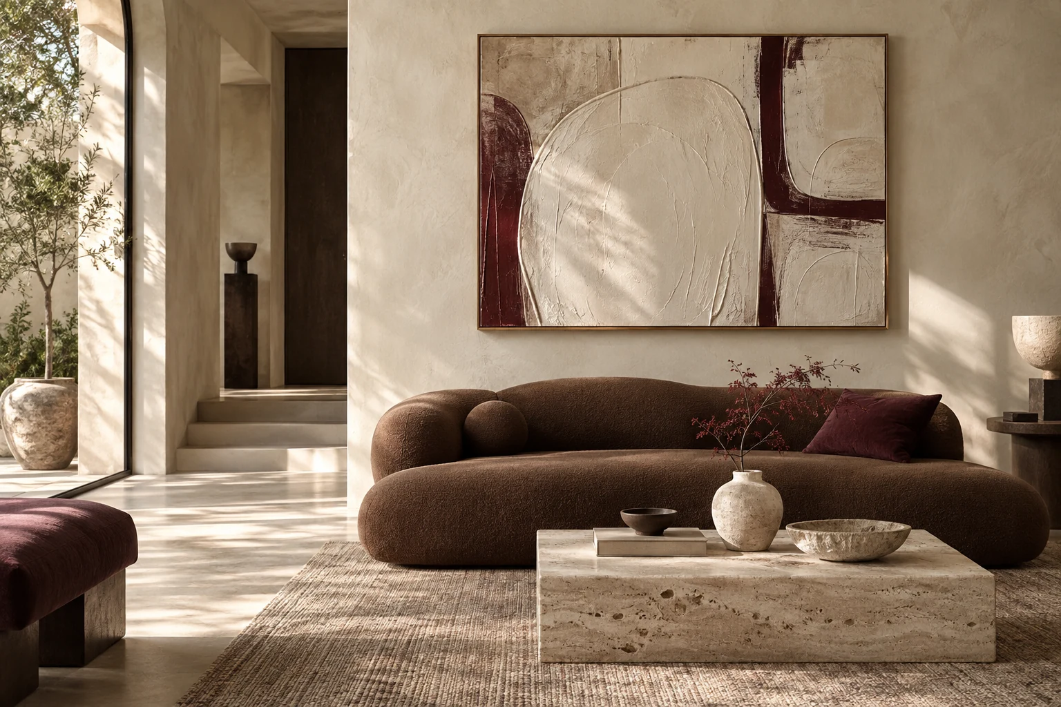 Illustrative contemporary room with textured abstract artwork, a sculptural brown sofa and a travertine table