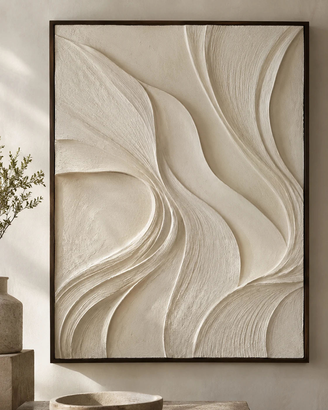 Illustrative ivory relief artwork with flowing sculptural ridges and a dark wood frame